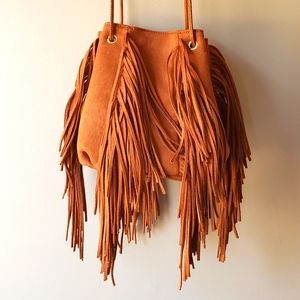 Faux suede fringe festival shoulder bag